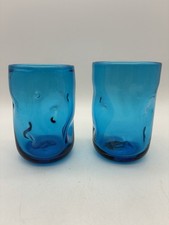 MCM Blenko Blue/Turquoise Dimpled Drinking Glass Set of 2 Handblown 4 1/2&rdquo;