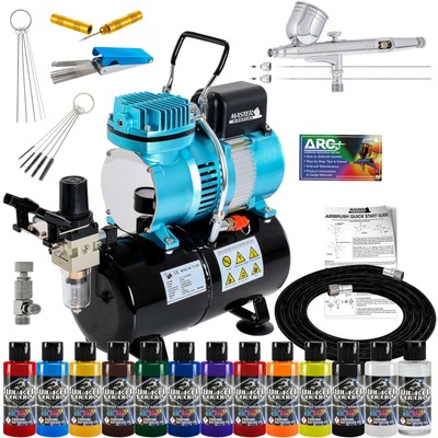 Master Airbrush Air Compressor Kit 3 Tip Airbrush 12 Createx Wicked Paint Colors
