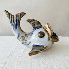 Vintage Mexican Folk Art Pottery Fish Planter Hand Painted Tonala Statue 10x8