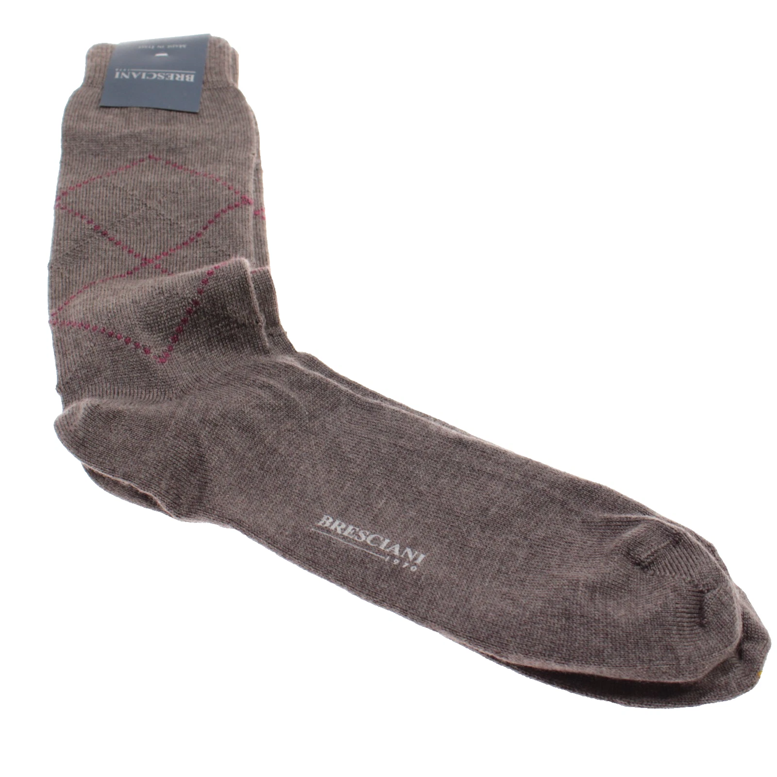 Bresciani NWT Dress Socks Size L in Brown & Red Argyle Print Wool Blend