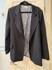ODDI Women's Black Blazer Size 1XL Open Front Notch Lapel Leopard Print Lining