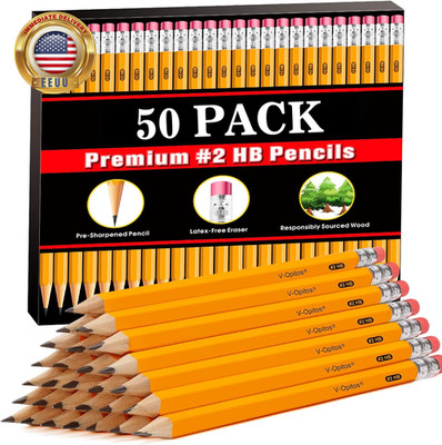 Wood-Cased #2 HB Pencils, 50 Pack Bulk Yellow Pencils with Erasers, Pre-Sharpene
