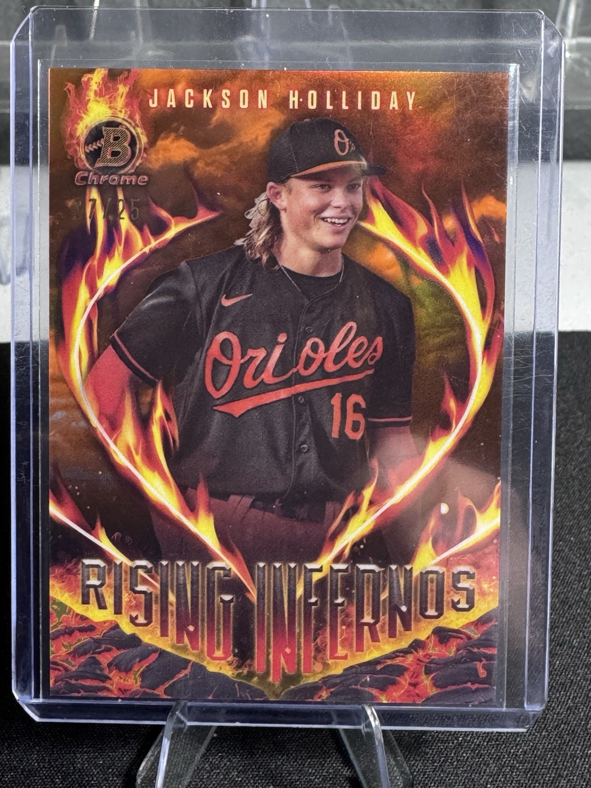 2024 Bowman Chrome Rising Infernos Jackson Holliday /25 Orange Refractor