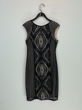Wallis Black Beige Lace  Detail Geometric Bodycon Dress Knee Length Cap UK 10