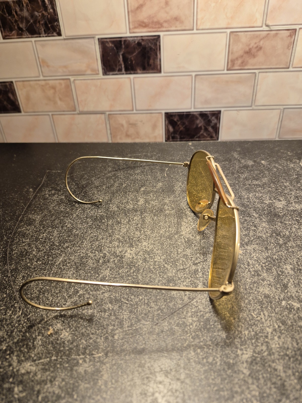 Vintage Shooting Aviator Glasses Yellow/Amber Lens (Unbranded) In Case Gold Tone