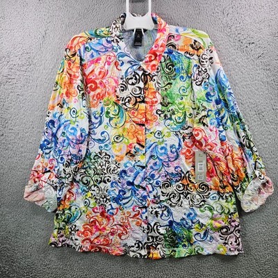 NEW Ali Miles Shirt Top Women 2X Button Up Stretch Colorful Geometric Print