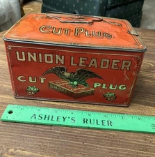 Antique Union Leader Cut Plug Smoke And Chew Tobacco Tin Empty Vintage Metal