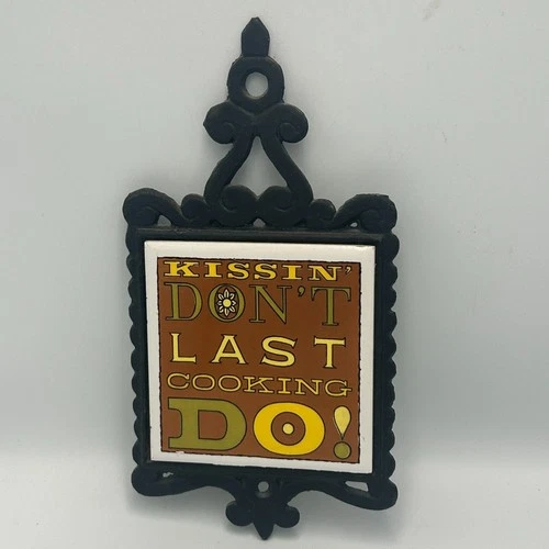 Grandmacore Kitchen Vintage 60s 70s Cast Iron Trivet Tile Wall Decor Kiss Cook - product listing photo