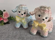 Vintage set Of 2 Samson Lamb Sheep Spagetti Planters Ceramic Pink & Blue, 1961
