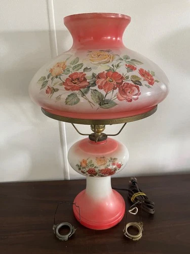 Hand Painted Pink & White Milk Glass Floral Hurricane Electric Lamp - Vintage