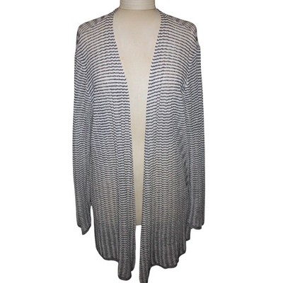 EILEEN FISHER Fine Organic Linen Crepe Knit Striped Open Cardigan XL Minimalist