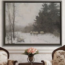 Winter Snow Landscape Canvas Print Oil Painting Framed Rustic Farmhouse Art