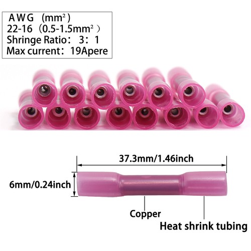 300Pcs Red Heat Shrink Butt Wire Connectors Crimp Terminals AWG 16-22 Gauge US - Picture 2 of 15
