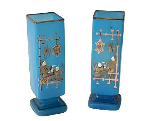 Jarrón cuadrado chino antiguo vintage de vidrio opalino Foto 2 de 4