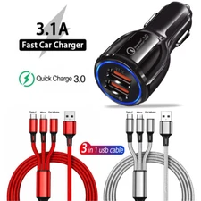 3 in 1 USB Micro Type C Fast Charging Cable 2 Port Car Adapter QC 3.0 Charger