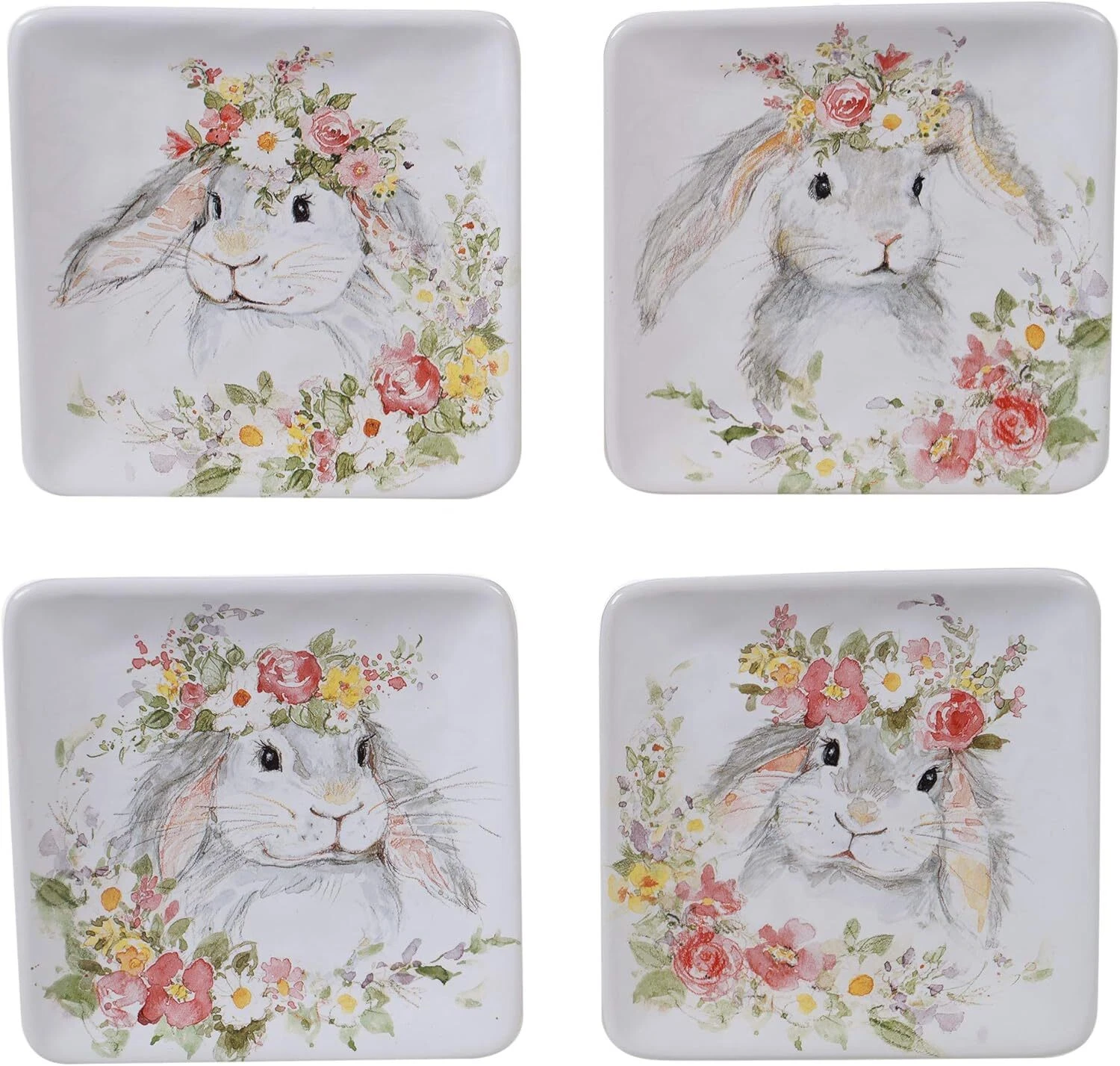 Sweet Bunny 6" Canape/Snack Plates, Assorted Designs, Set of 4, Multicolored