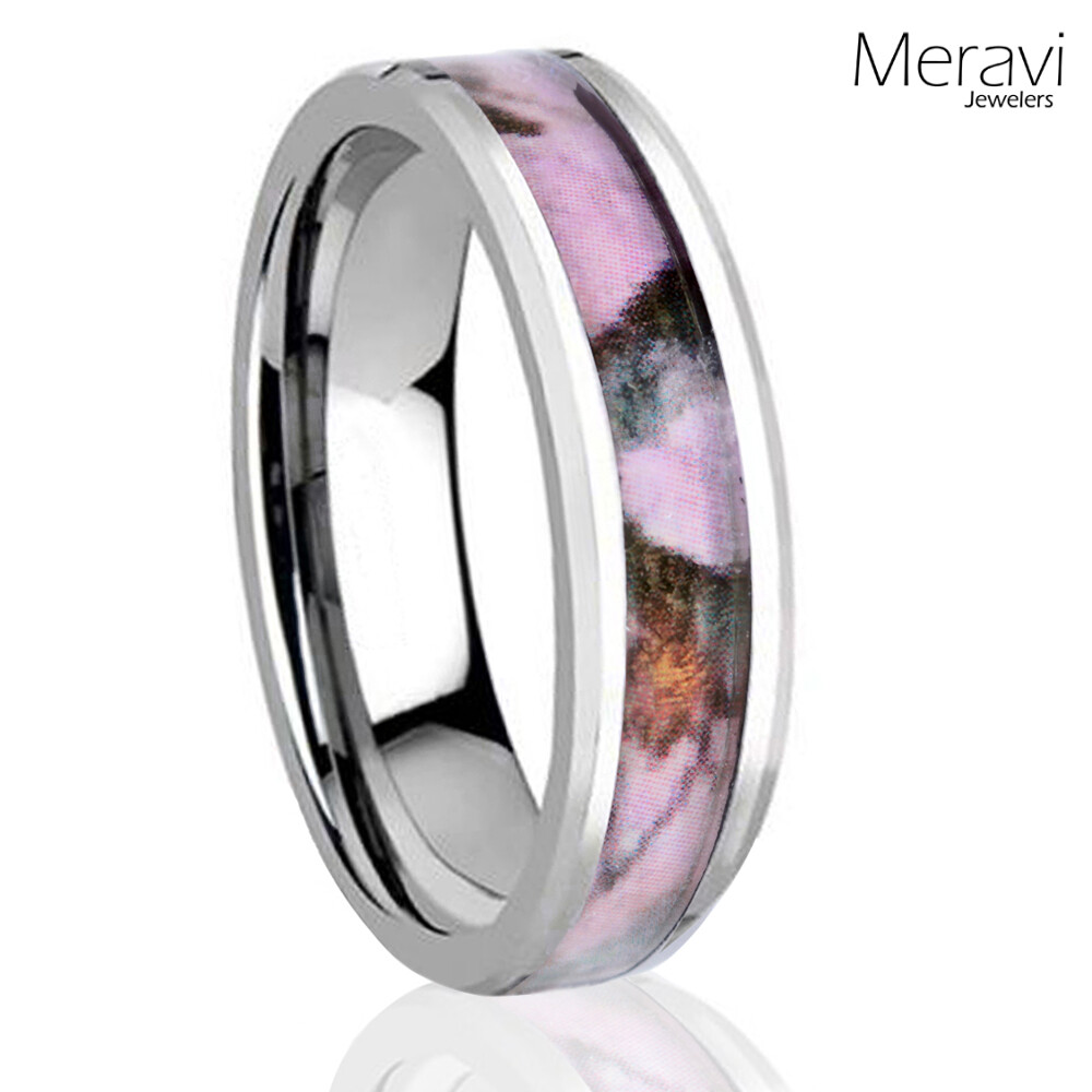 Silver Tungsten Real Oak Pink Hunting Tree Camo Ring Womens Mossy Wedding  Band