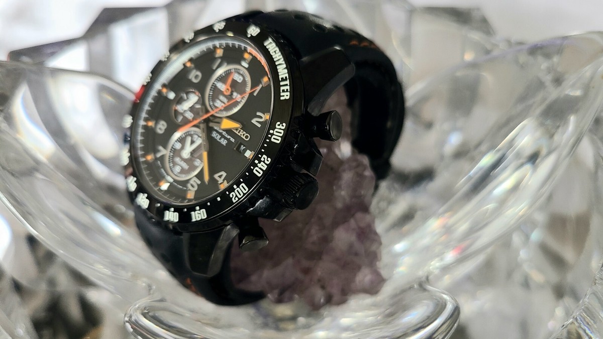 Seiko Sportura Chronograph Alarm Solar Black Ion SS Mens Watch | eBay