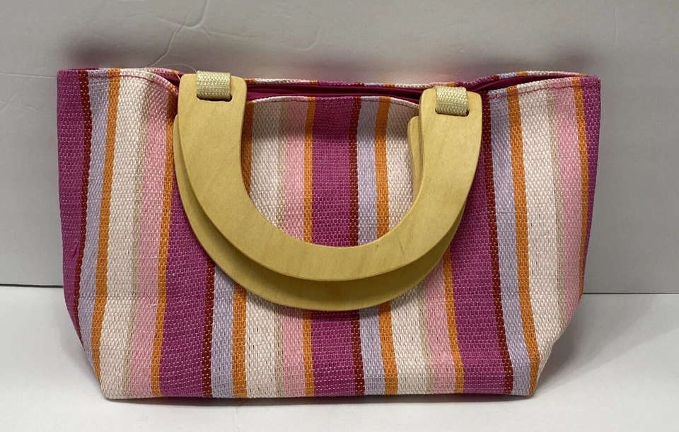 Neiman Marcus розовый в полоску соломы маленькая сумка с короткими ручками с деревянными ручками новый с Ярлыками 13 X 7 - Изображение 2 из 4