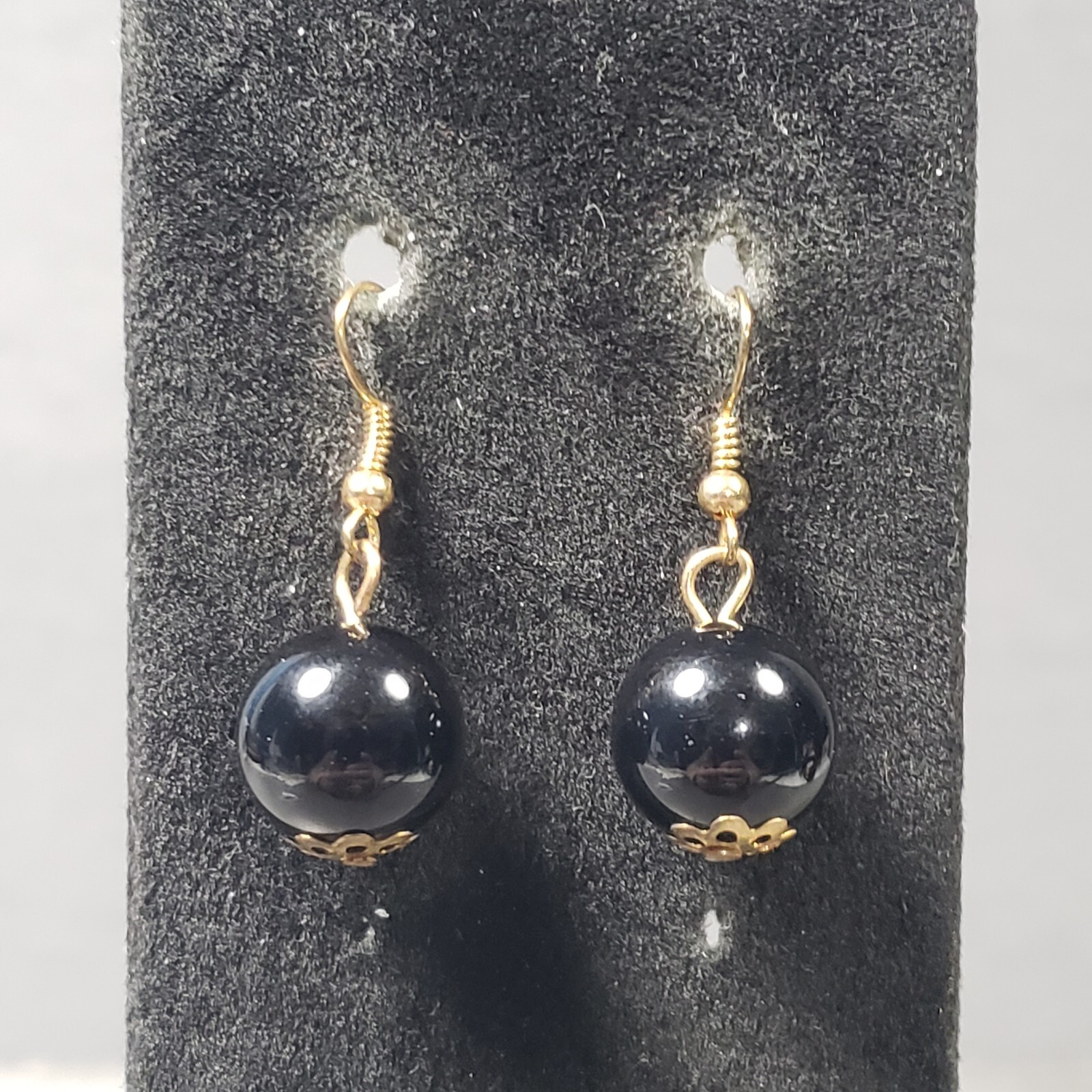 Dangle Ball Earrings Black Beaded Mid Century Modernist Boho Pierced 1.25