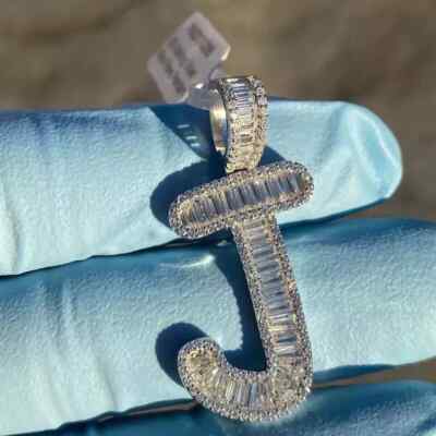 4Ct BaguetteLabCreated Moissanite J Letter Initial Pendant 14K White Gold Plated