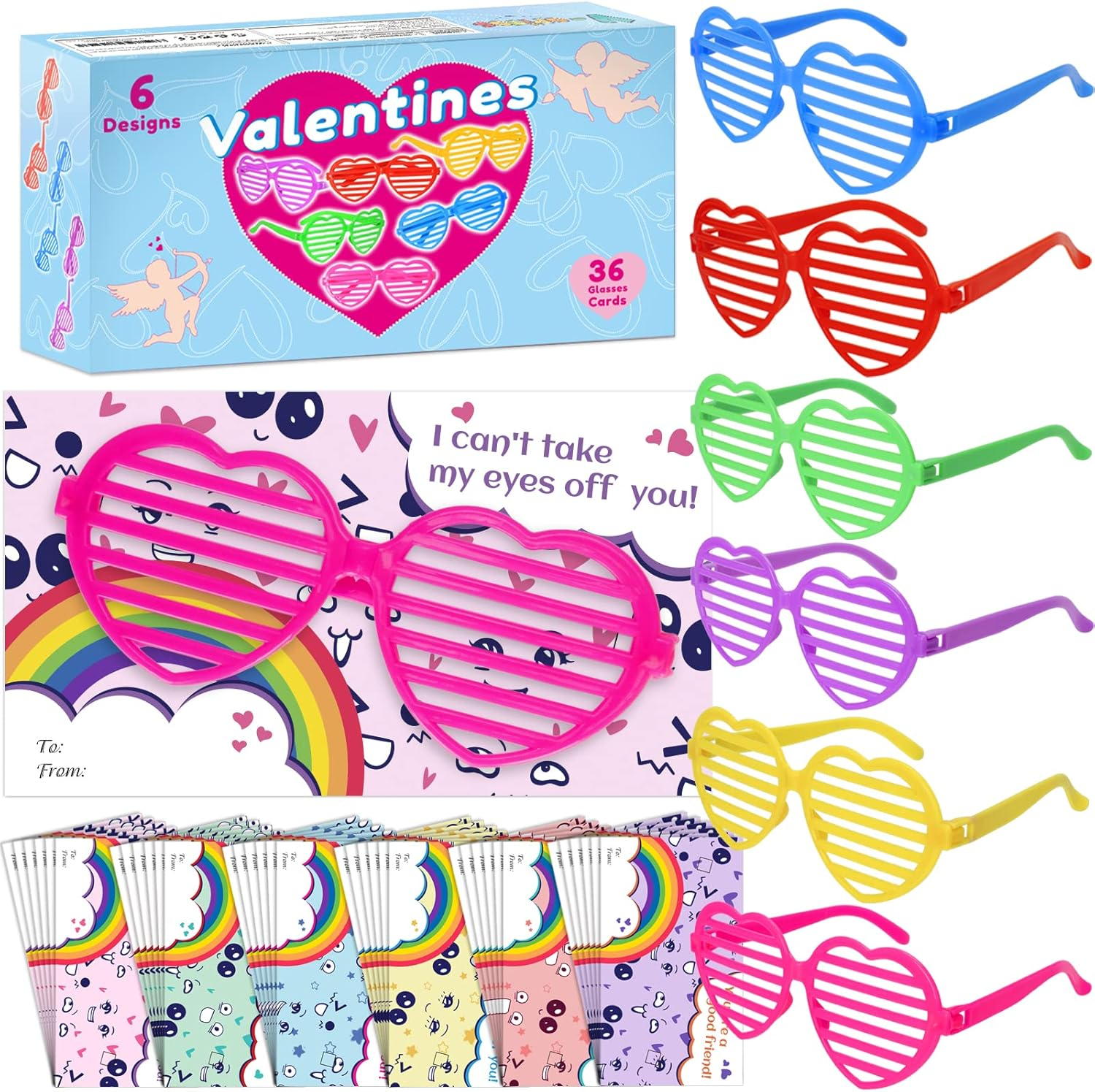 Valentines Day Cards for Kids Classroom - 36 Packs Heart Shaped Glasses with Col