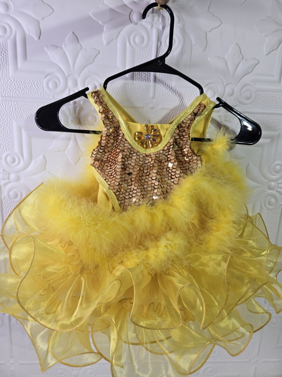Glamour Yellow Dance Costume Lace Chicks Feather Sequin Girls Size XSC/4T