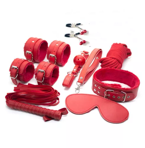 8pcs Red Kit BDSM Couples Restraints Set HandCuff Anklet Whip Collar Gag Fetish - Picture 1 of 11