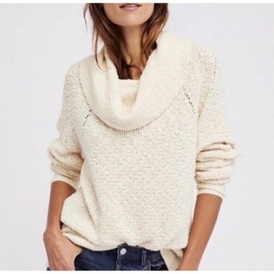 Free People By Your Side Cowl Neck Textured Knit Raglan Sweater Cream S Chunky