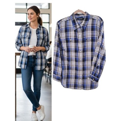 Lauren Ralph Lauren 100% Cotton Button Up Shirt Wmn's 1X Blue Plaid Long Sleeve