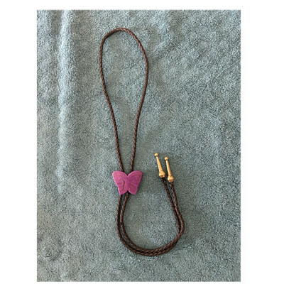 Western Brown Leather Adjustable Bolo Tie Purple Butterfly Slide Metal Tips