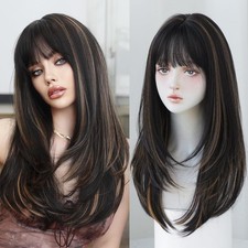 Cosplay Wigs With Fringe Layered Soft Synthetic Hair Long Straight Black Brown