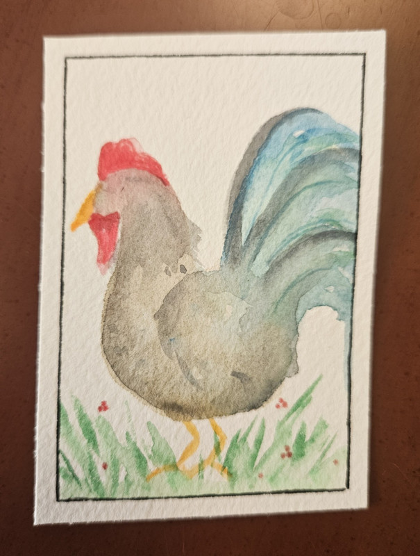ACEO Original watercolor miniature ROOSTER painting on paper, unframed