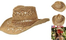 Men Women's Summer Cowboy Cowgirl Straw Hat Hollow Out Woven 7-7 1/4 Camel