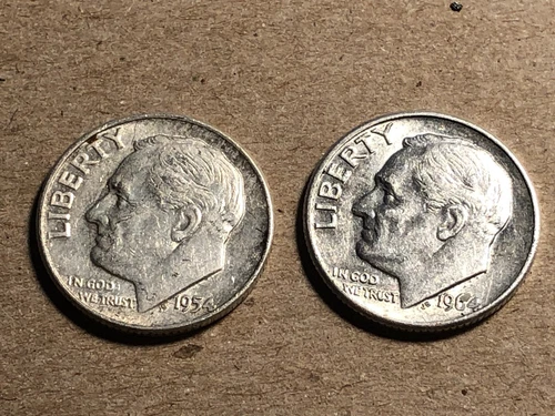 Lot includes a 1954D EF & 1964D AU SILVER Roosevelt Dimes
