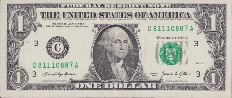 US Bank $1 Dollar Bill Fancy Serial # C 81110887 A Error Cut Shifted Seal