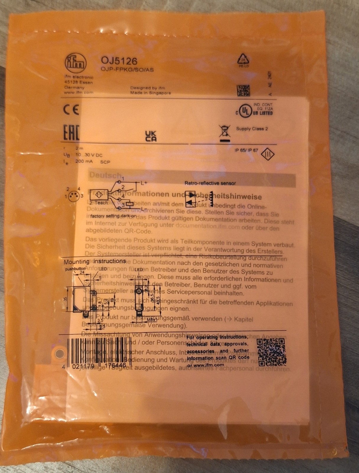 *NEW* Ifm Efector OJ5126, OJP-FPKG/SO/AS Photoelectric Sensor 10-30v-dc (r = 2m)