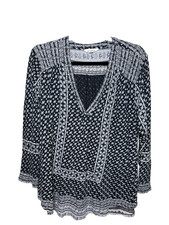 Lucky Brand White black Floral Button Bohemian V-Neck Long Sleeve Blouse XL