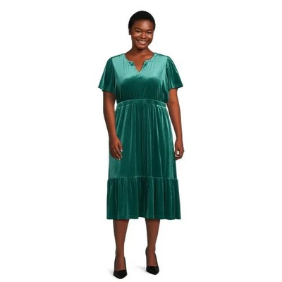 TERRA & SKY - PLUS SIZE: 3X - A-Line Midi Emerald Velvet Dress W/ Elastic  Waist | eBay