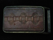 QC09104 VINTAGE 1970s  ORNAMENTAL  ART FASHION LEATHER BRASSTONE BELT BUCKLE