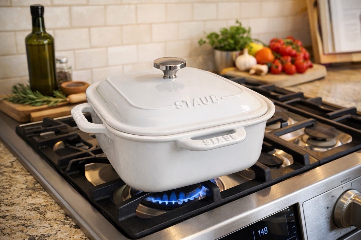 STAUB Ceramic 9-inch X 9-inch Square Covered Baking Dish White Lid