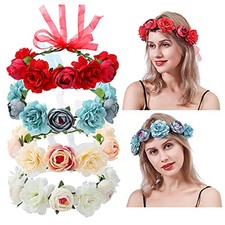 4 Pack Handmade Adjustable Floral Rose Flower Wreath Crown Headbands Garland