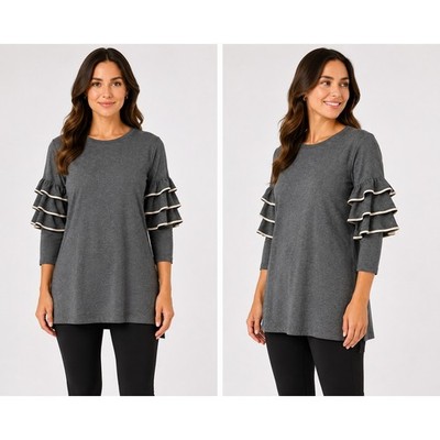 Violet Weekend Womens Gray Ruffle Sleeve Top Crew Neck Tiered Knit Shirt Large