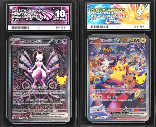 Mewtwo ex 151/128 Ace 10 + Pikachu ex 150/128 Ace 9 30th pokemon edition SIRs