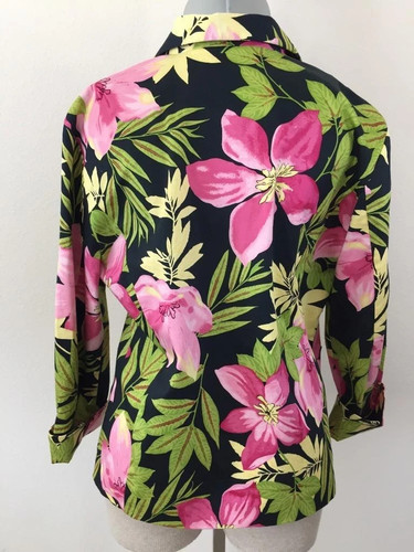 Erin London blazer Size M stretch 3/4 cuffed sleeve bright pink black floral - Picture 3 of 5