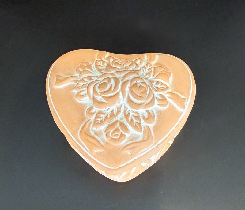 Heart-Shaped Terracotta Trinket Box Floral Embossed Lid White Washed Matte Color