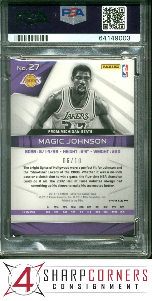 2014 PANINI SPECTRA GOLD PRIZM #27 MAGIC JOHNSON HOF #/10 POP 1 PSA 9 - Image 2 of 4