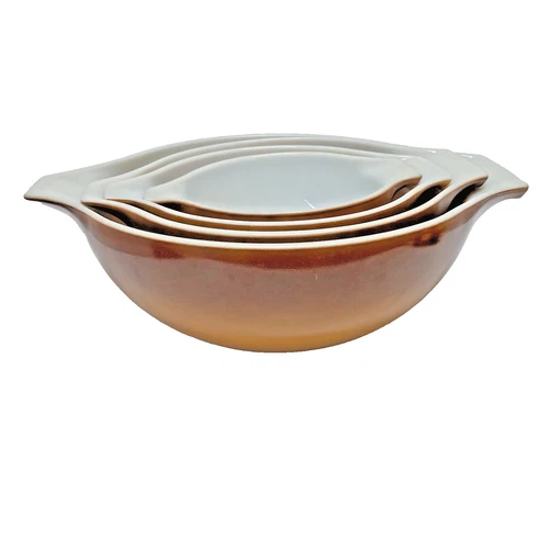 Pyrex Old Orchard FOUR 4 Nesting Mixing Bowls Brown Cinderella 441 442 443 444