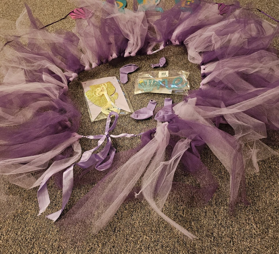 Toddler Girls 1 Yr Old Birthday High Chair Decor Purple Tutu Mermaid Banner - Image 3 of 4