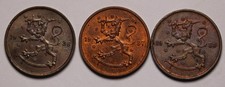 1936, 1937, & 1938  Finland  5 Pennia Coins (3) KM# 22 gEF /AU